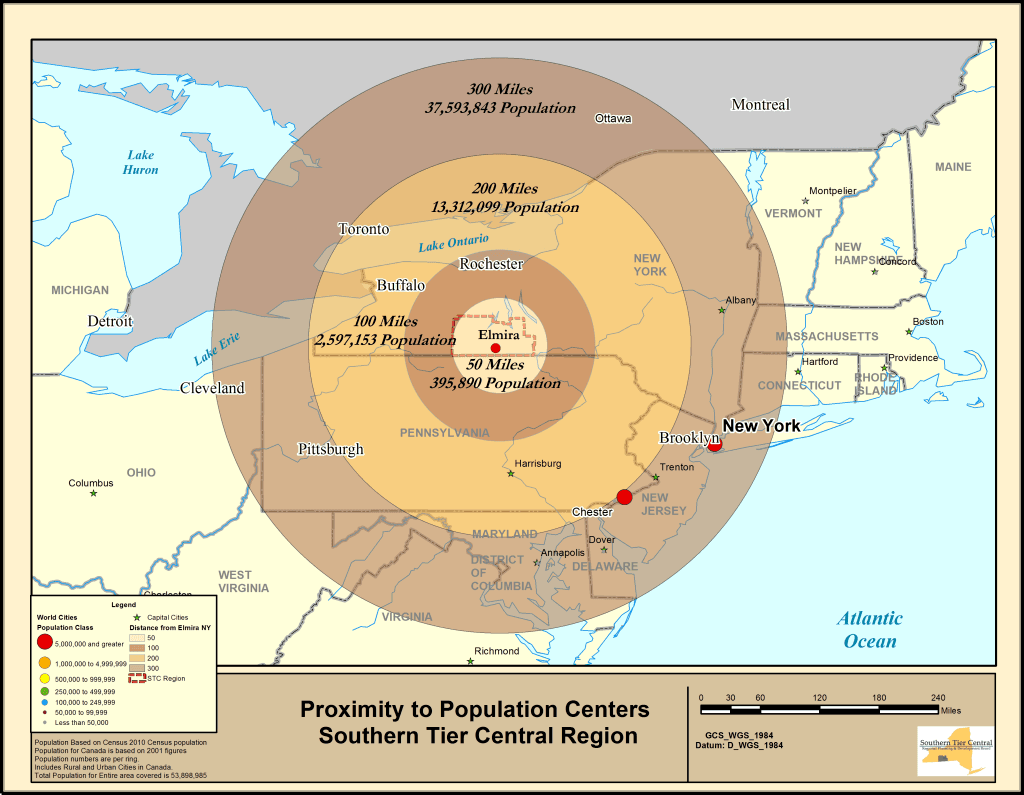 Map Showing Proximity to Population Centers in the Southern Tier Central Region